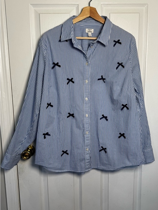 J. Crew Tops - J.Crew Blue Stripe Bow Embellished Button Down Shirt Size 2X Cotton Stretch NWOT